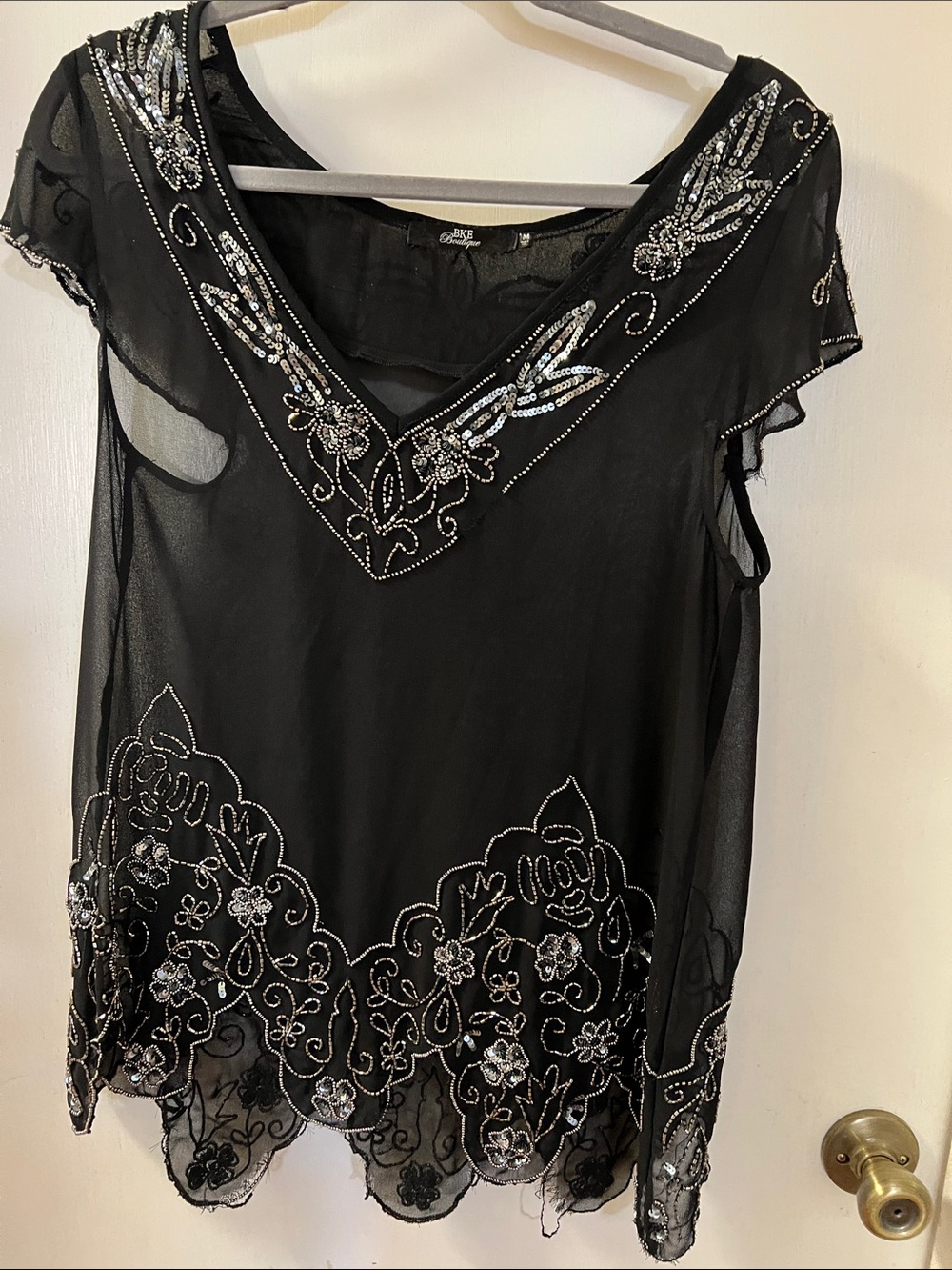 BKE Black Sheer Beaded V-Neck Blouse